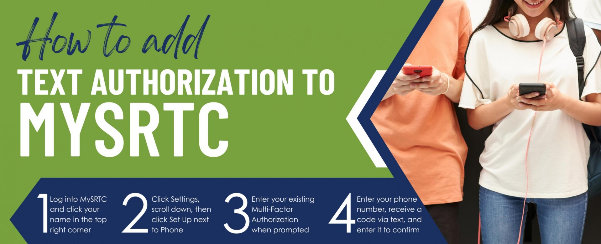 How to add text authorization to MySRTC. Step 1: Log into MySRTC and click your name in the top right corner. Step 2: Click Settings, scroll down, then click Set Up next to Phone. Step 3: Enter your existing Multi-Factor Authorization when prompted. Step 4: Enter your phone number, receive a code via text, and enter it to confirm. 