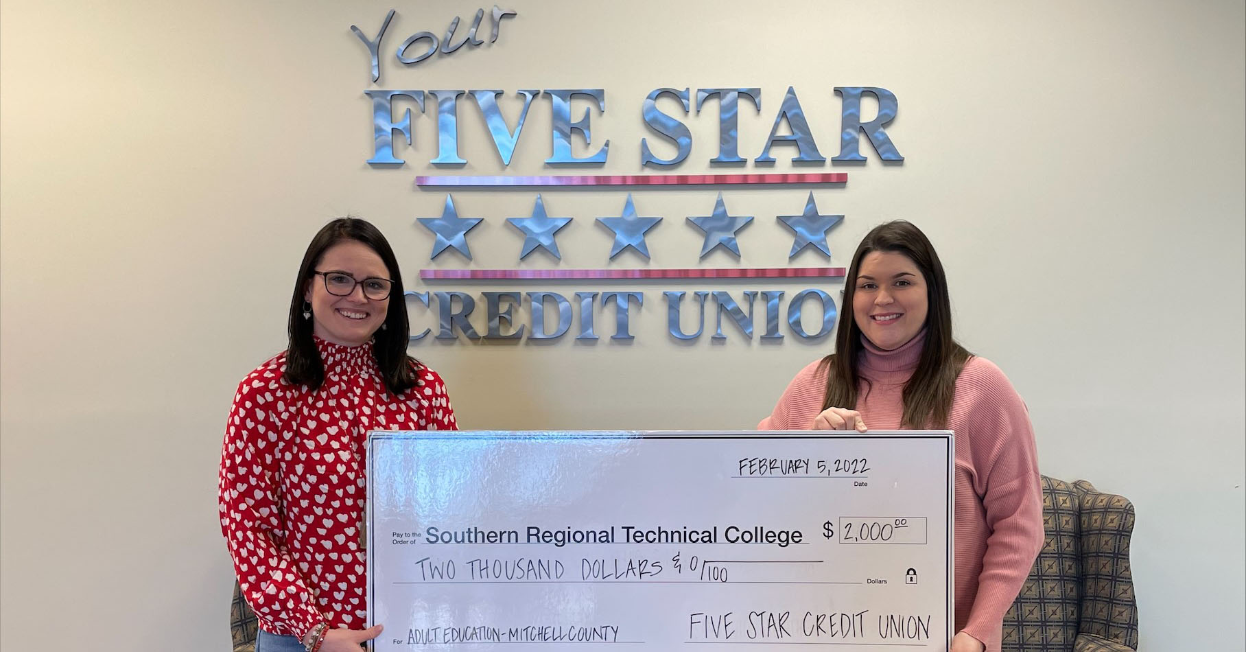Photo for Five Star Credit Union Donates $2000 for Adult Education Scholarship