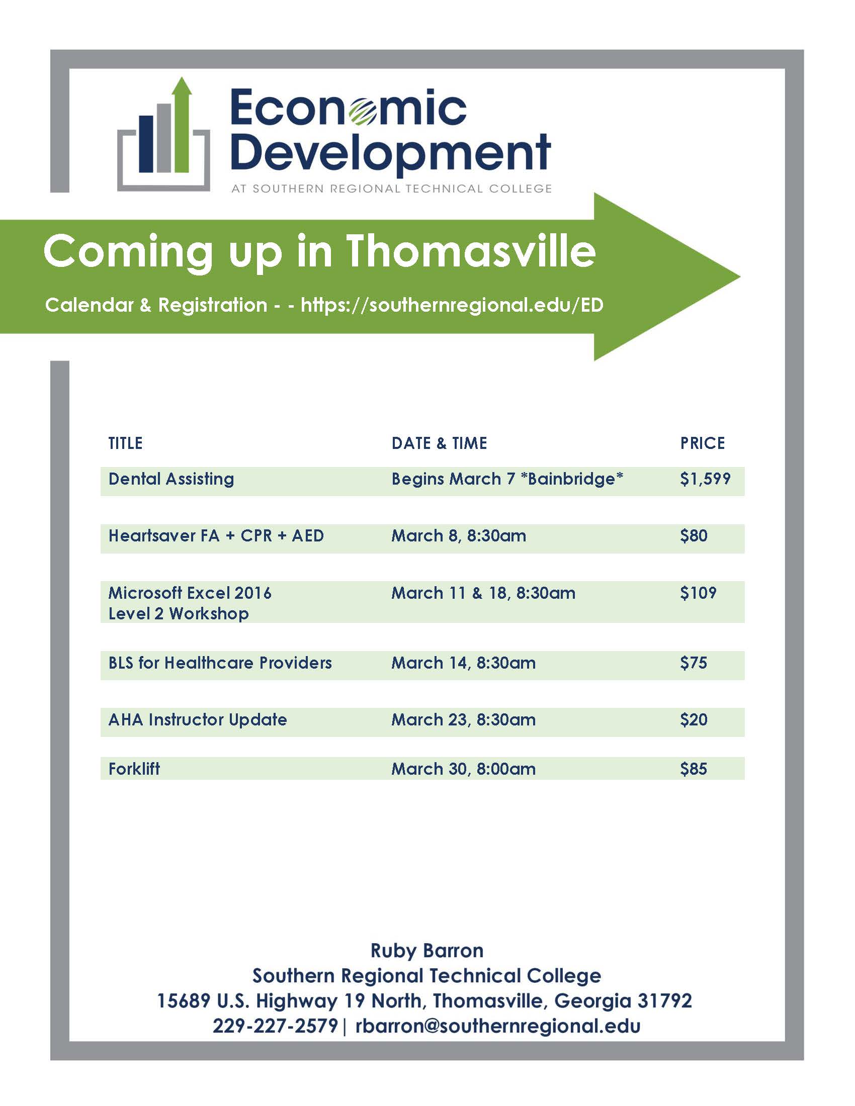 Thomasville March Course Schedule