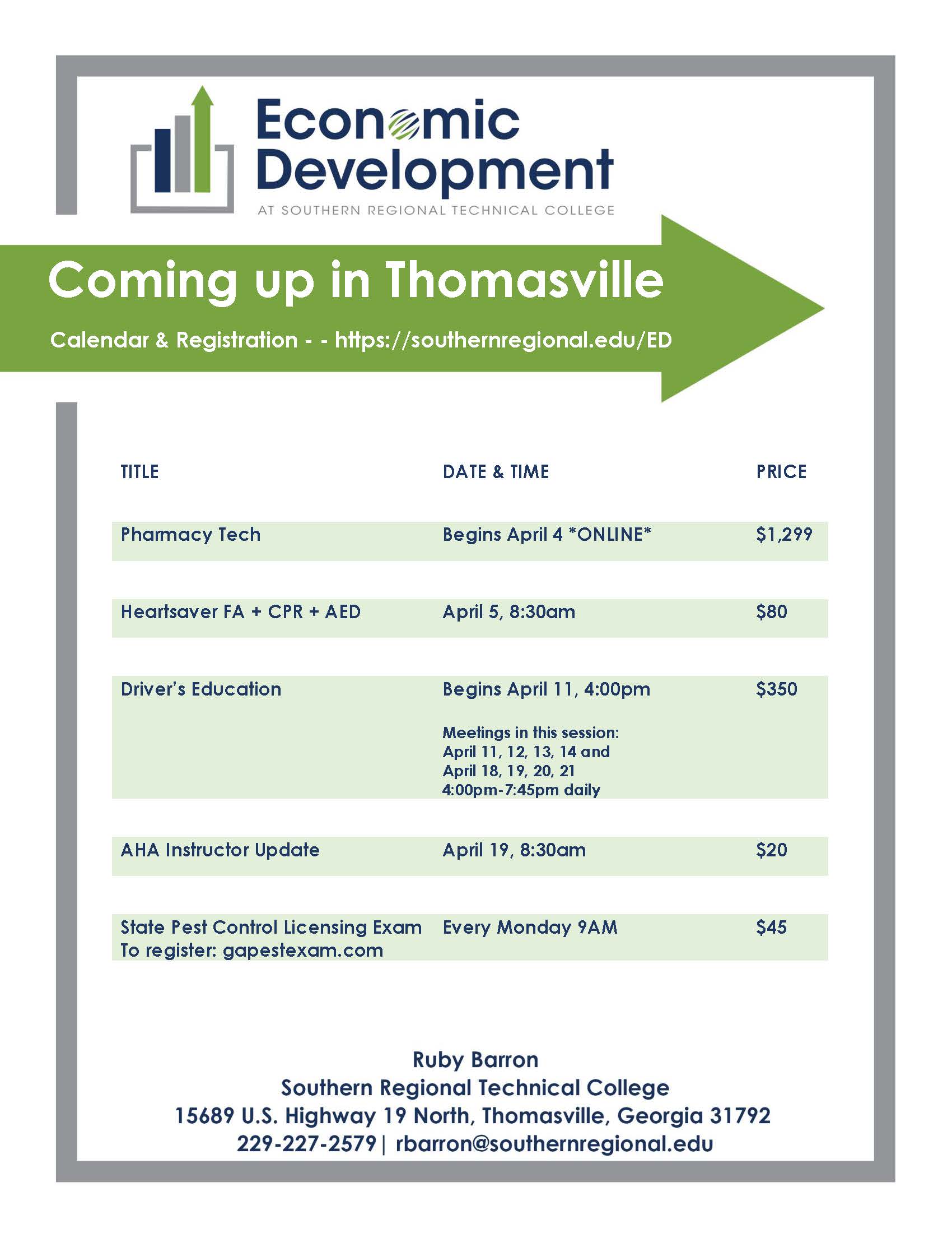 Thomasville April Course Schedule